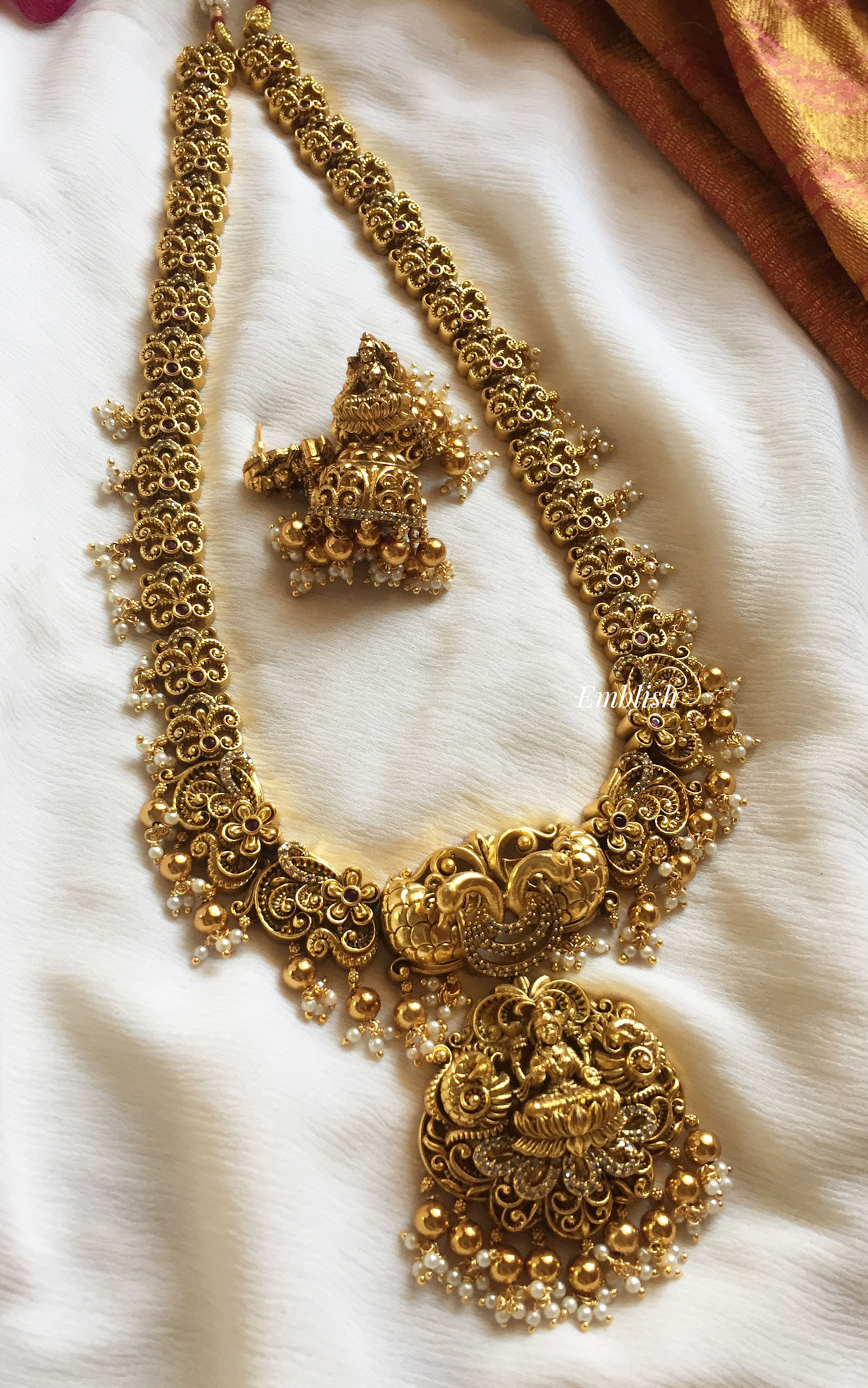 Antique 3D Lakshmi with Double Peacock Long Neckpiece - Gold Beads